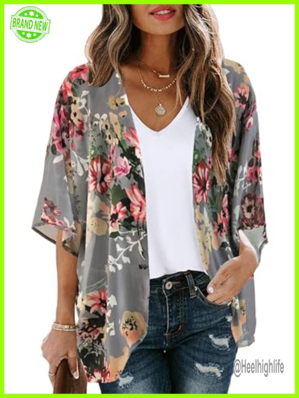 Floral Chiffon Kimono Cardigan Beach Cover Up Open Front Puff Sleeve